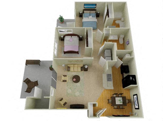 Floor plan for 2 beds, 2 baths, 1034 sqft